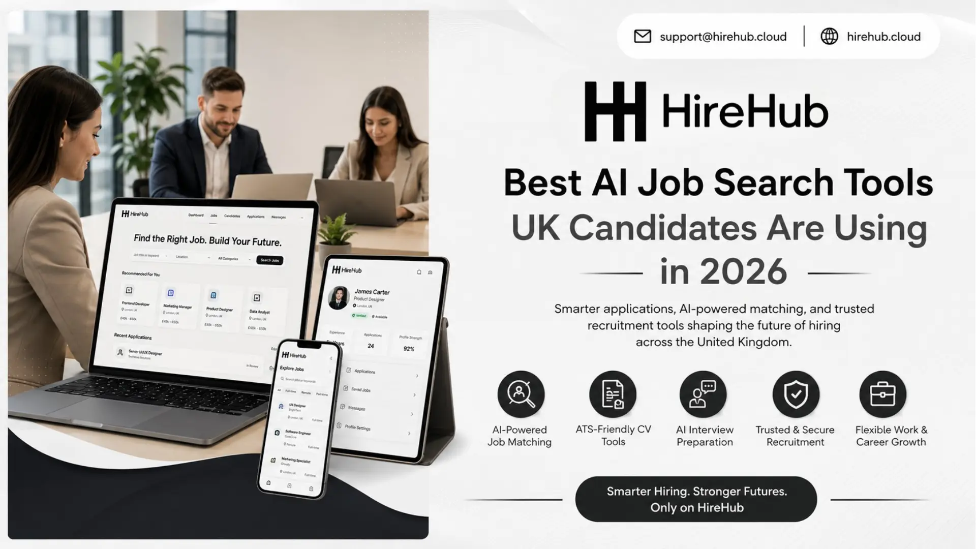 Professional HireHub AI recruitment banner showing UK job seekers and recruiters using AI job search tools, ATS-friendly CV platforms, and smart hiring technology.