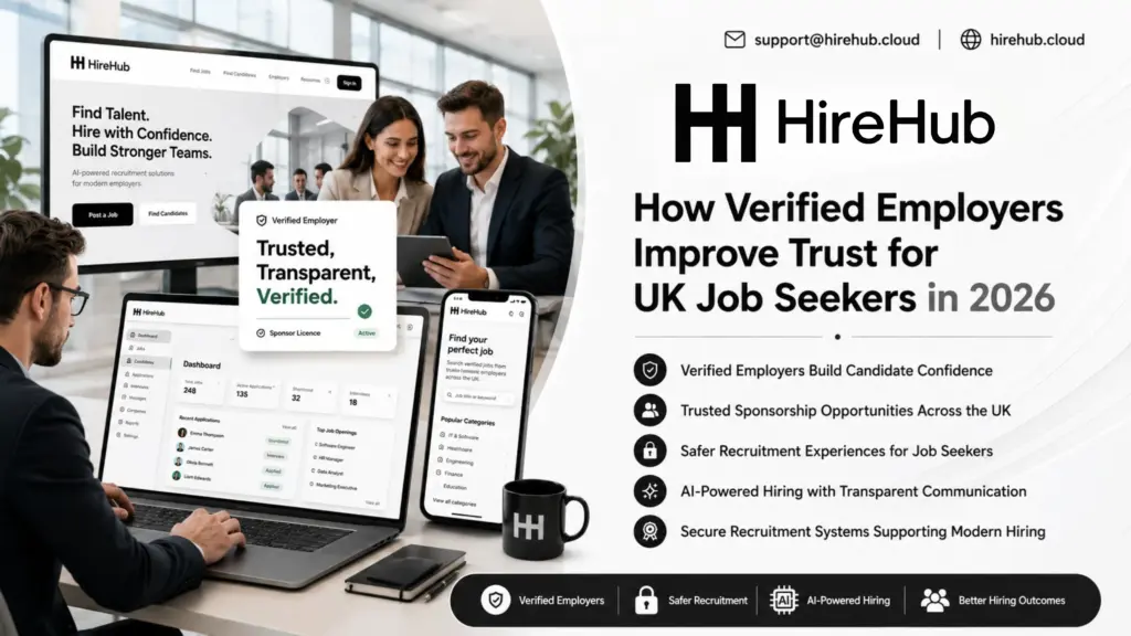 Professional HireHub recruitment banner showing verified employers, AI-powered hiring, UK job seekers, recruiters, and trusted sponsorship opportunities.