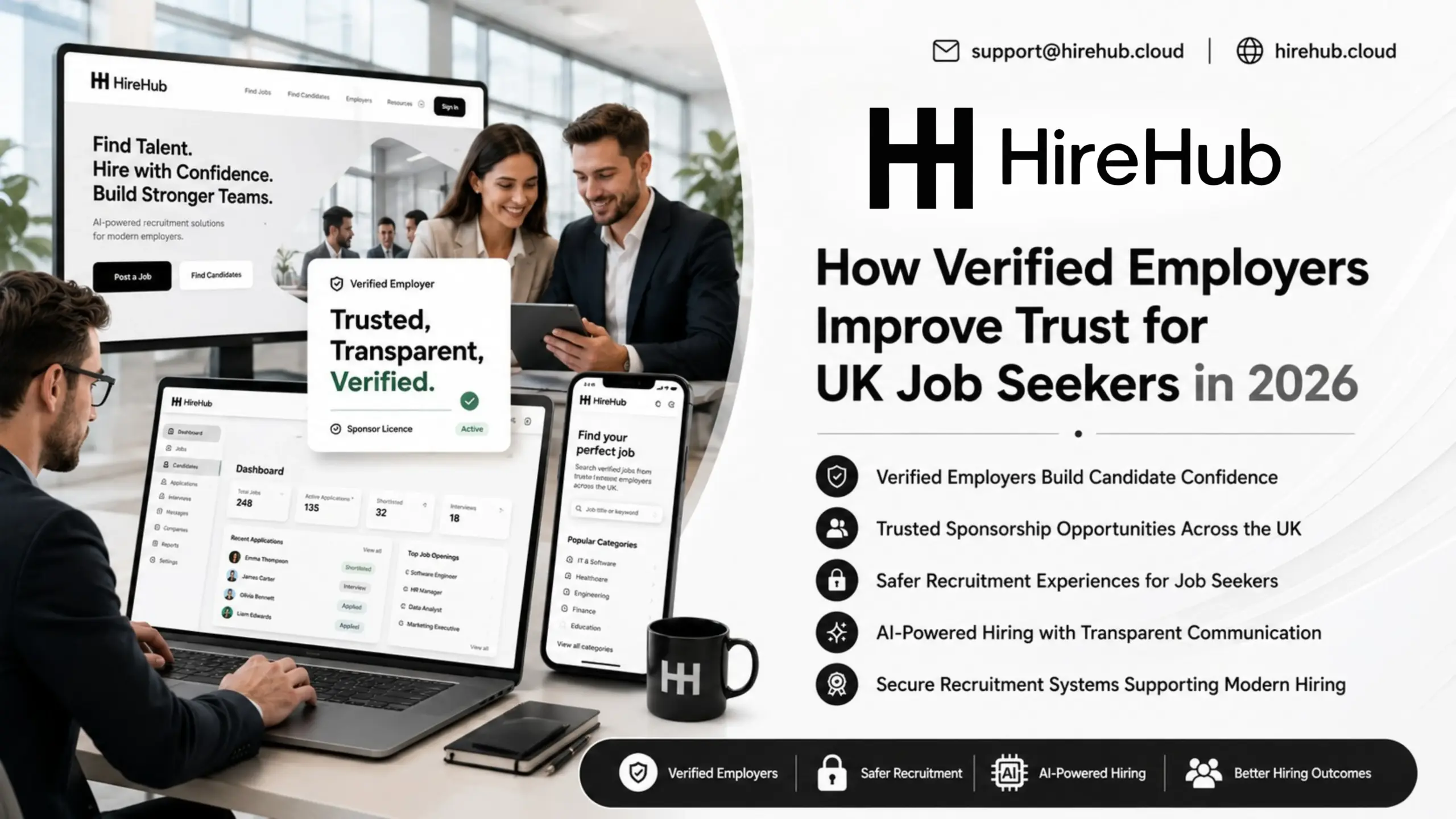 Professional HireHub recruitment banner showing verified employers, AI-powered hiring, UK job seekers, recruiters, and trusted sponsorship opportunities.