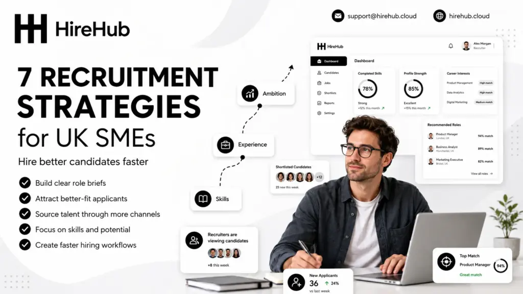 HireHub recruitment banner showing a UK SME hiring manager with AI-assisted candidate matching dashboard and seven recruitment strategies.