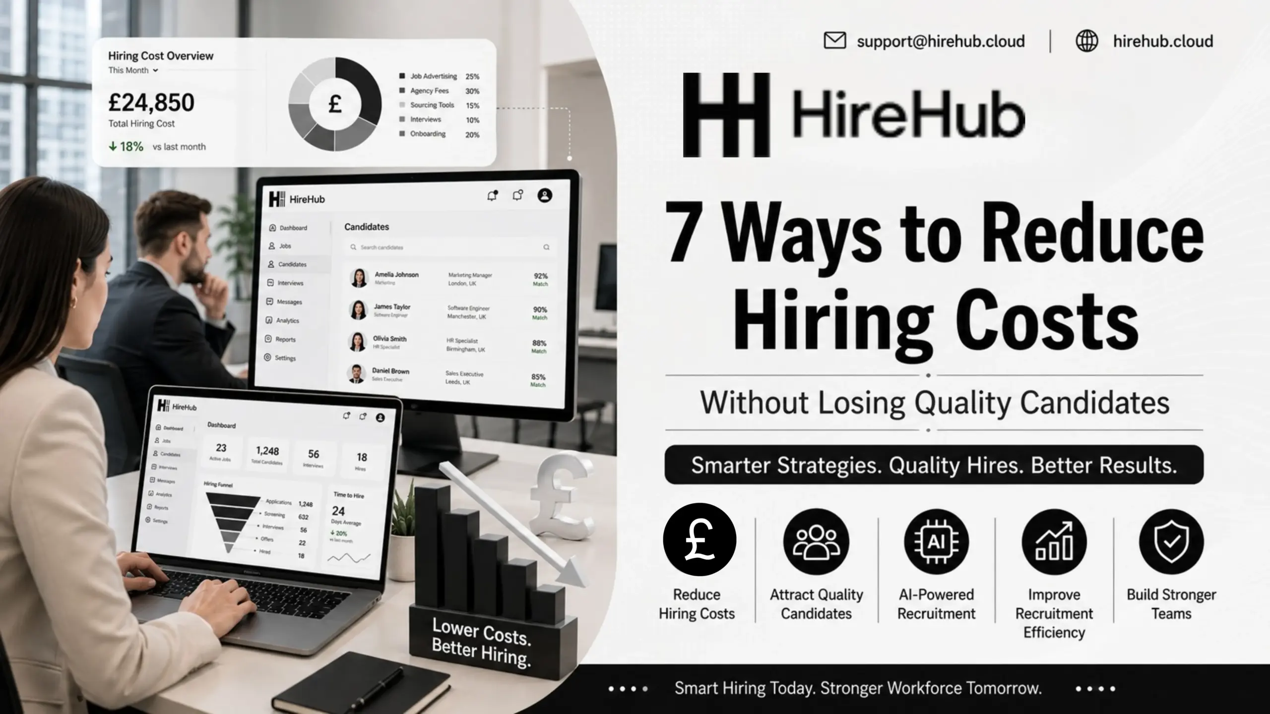Professional HireHub recruitment banner showing recruiters, job seekers, AI-powered hiring dashboard, candidate matching tools, and strategies to reduce hiring costs while attracting quality candidates.