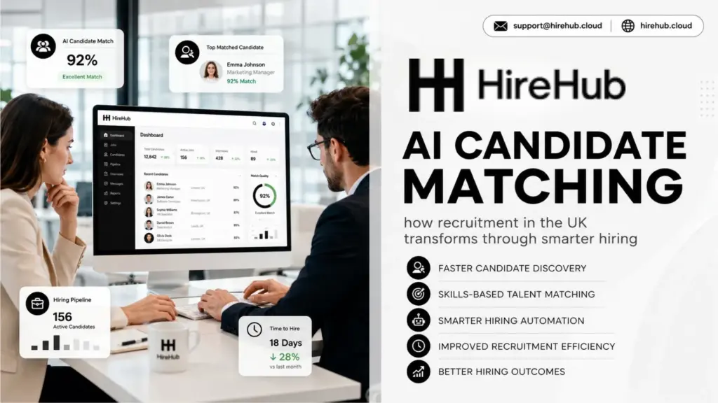AI Candidate Matching blog banner featuring HireHub recruitment software, AI-powered talent matching, hiring automation, recruiters, job seekers, and recruitment dashboard in the UK.
