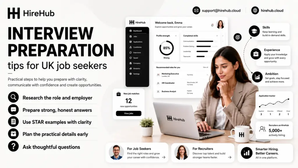 HireHub interview preparation tips banner showing a UK job seeker using a career dashboard with skills, experience and ambition milestones.