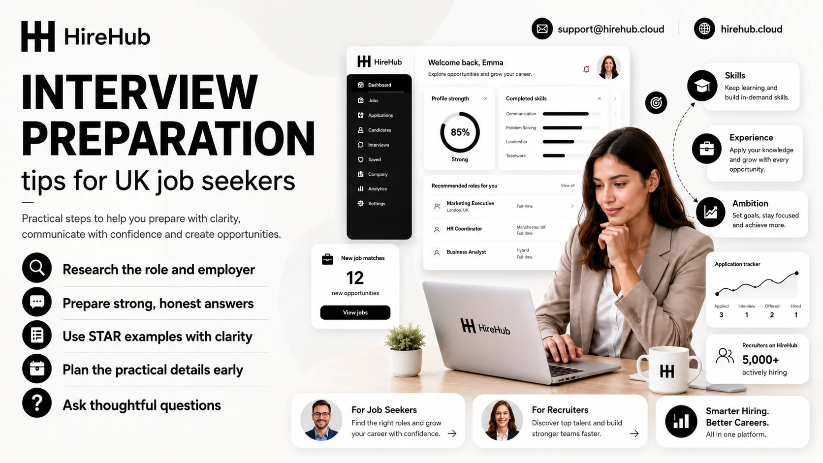 HireHub interview preparation tips banner showing a UK job seeker using a career dashboard with skills, experience and ambition milestones.