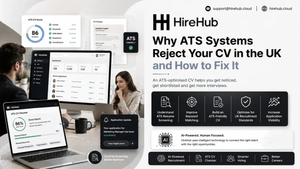 Comparison table showing the best ATS CV checker tools for UK job seekers, including JobSpace AI, MyPerfectCV, Resume.io, Enhancv, and Hire AI Experts ATS CV Checker with ATS score, keyword analysis, UK focus, and free version features.