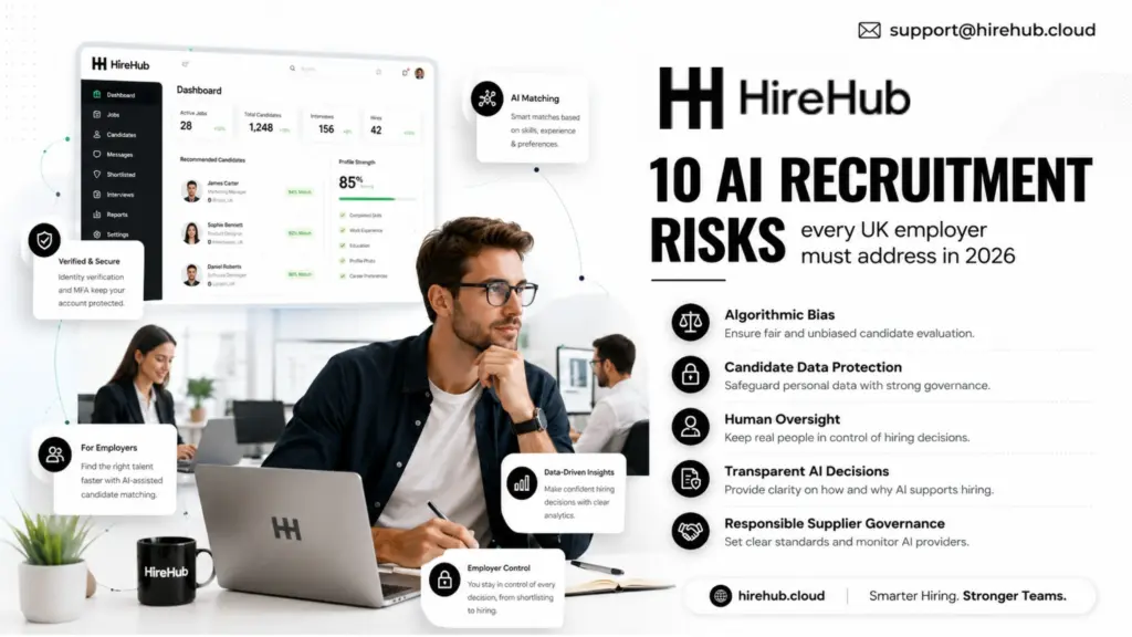 UK recruitment professional reviewing a HireHub candidate dashboard beside key AI recruitment risks, including algorithmic bias, data protection, human oversight and supplier governance.