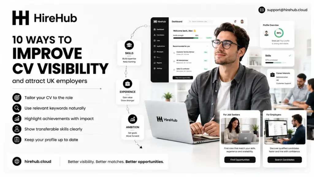 HireHub career growth banner showing a professional using a laptop with CV visibility tips, AI job matching, skills, experience and career profile features.