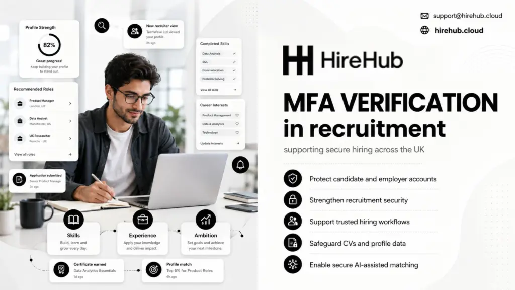 HireHub-style table showing MFA verification, candidate verification, verification badges and secure hiring workflow benefits for UK recruitment security.
